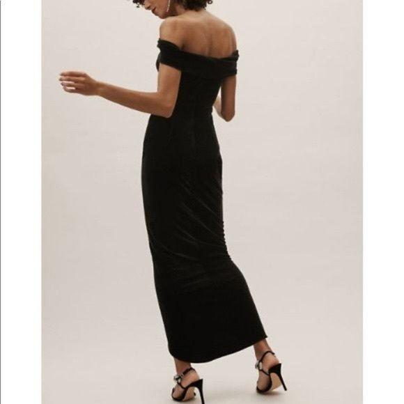BHLDN Edison Black Velvet Tulip Off The Shoulder Midi Dress - Size 0 - Picture 3 of 6